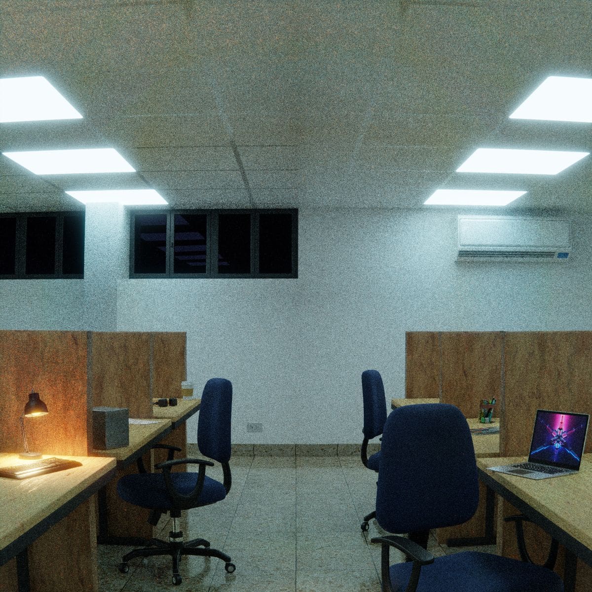 Bureaux d’entreprise propres et lumineux avec postes de travail nets, cloisons et chaises sous éclairage LED Bureaux d'entreprise propres et lumineux avec postes de travail nets, cloisons et chaises sous éclairage LED